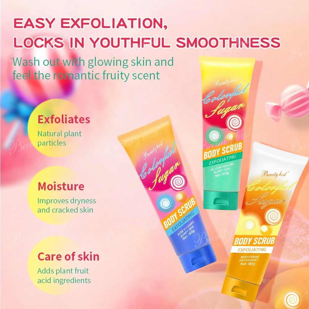 Beauty Host Skincare Products Colorful Vegan Sugar Body Care Scrub Exfoliating Oil Control Whitening Antioxidant Moisturizing