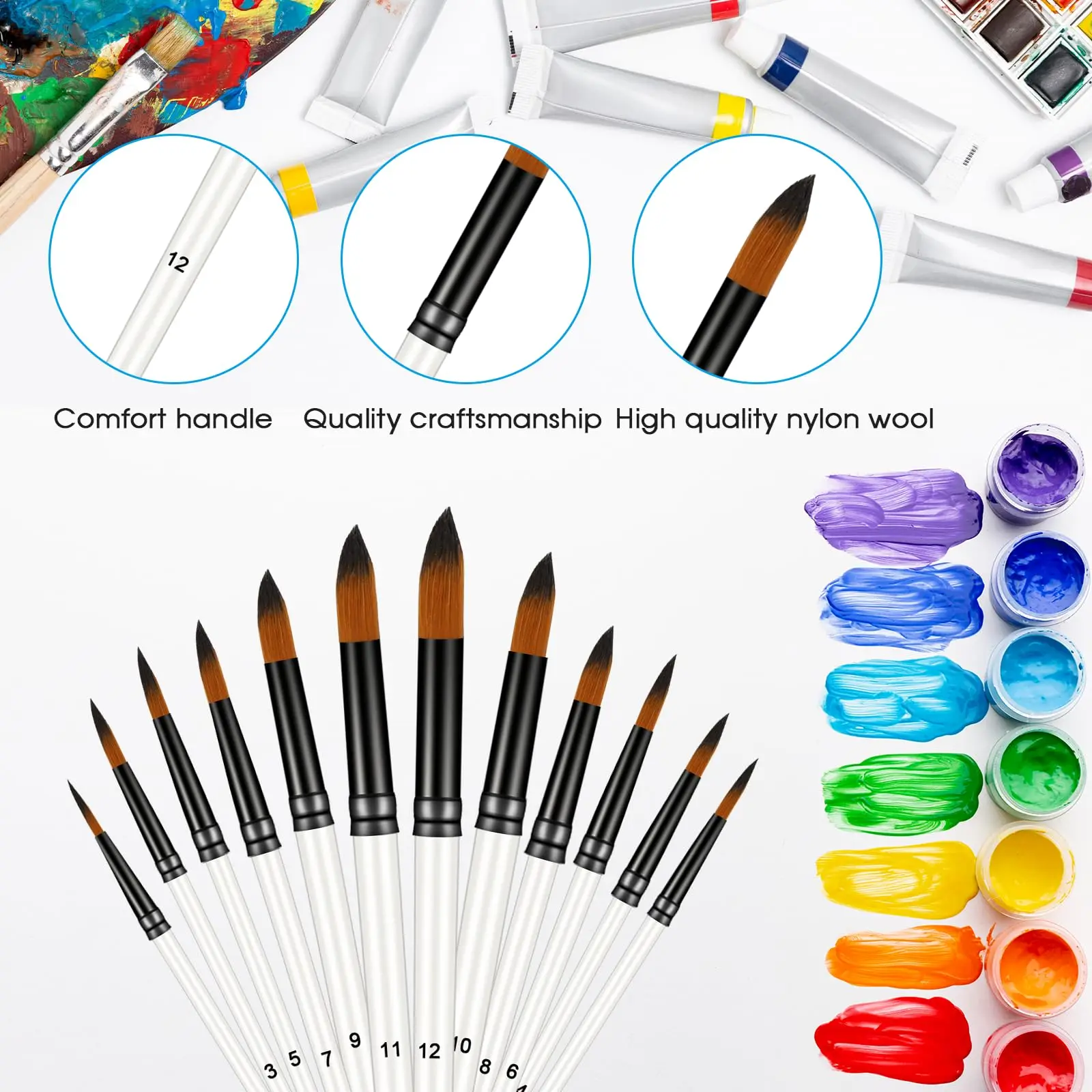12 pcs art brush high quality cheap kit pearl white wooden handle nylon hair paint brush set for Acrylic oil watercolor paint