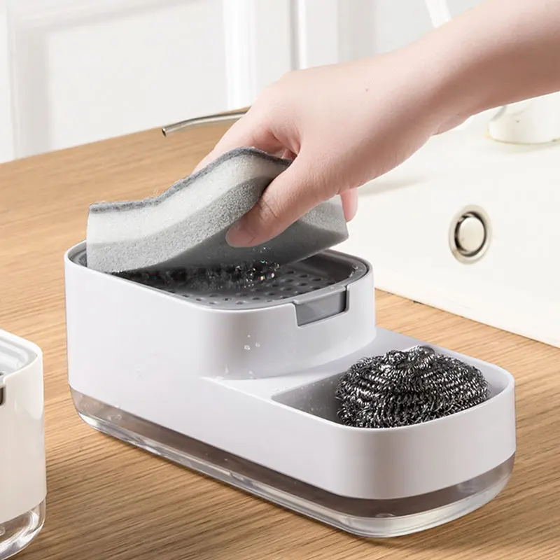 2 функция ручной пресс жидкость для мытья посуды, предназначенный для мыла дозатор губка Кадиллак держатель для кухни с губкой