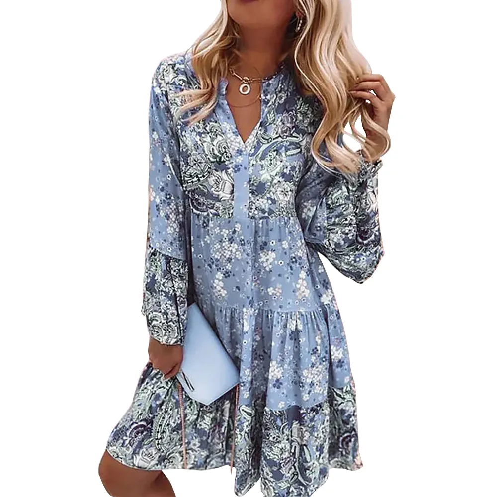 2023 new hot selling spring and summer V-neck floral stitching printed skirt cropped sleeve layered mini dress