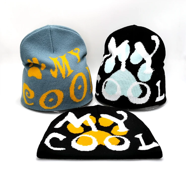 2022 New Design Custom Plain Warm Knitted Winter Hats All Over Logo Knitted Jacquard Beanie Hat