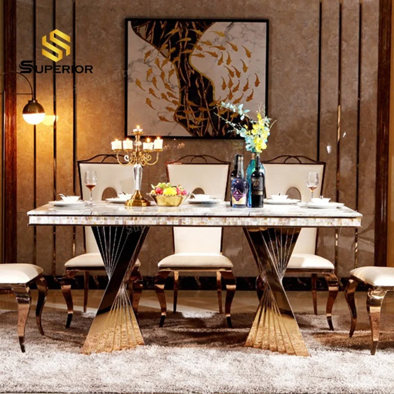 manufacturer  wholesale Interior dining table and chair set modern glass top gold dinning table