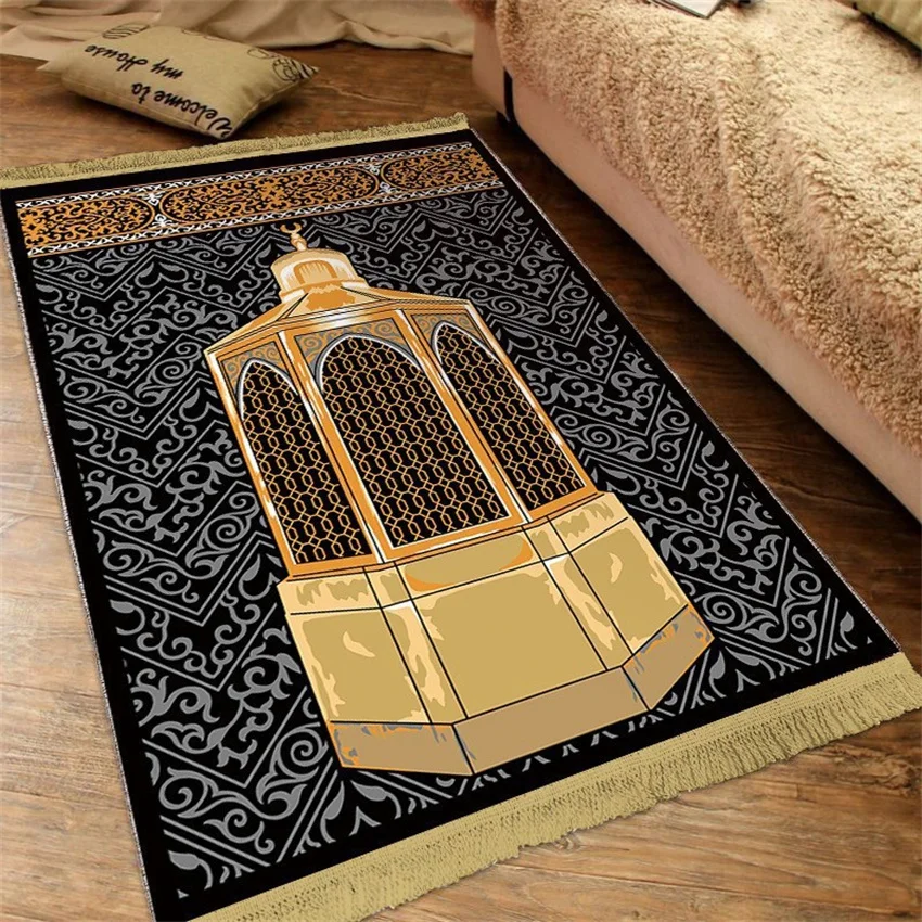 Factory supplier for quality quilted Turkish printed Black prayer mat with white non slip backside for kids praying mat islamic