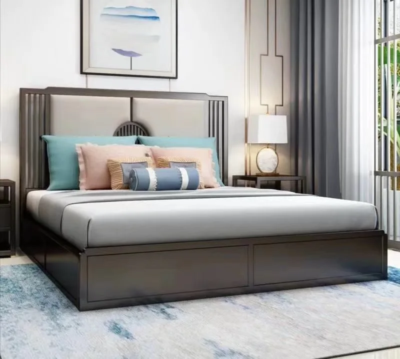 hongye good quality hotel furniture back royal king size buttoned european interior design wooden leather double  bed