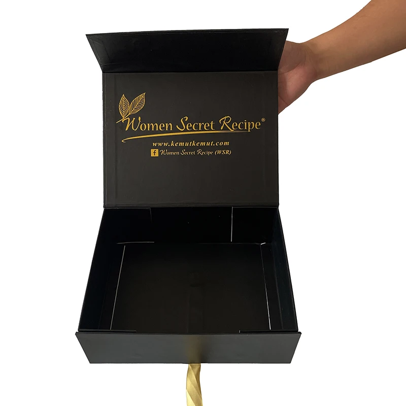 Hot Stamping Gold Logo Black Paper Christmas Gift Boxes Luxury Cosmetics Present Box For Promotion