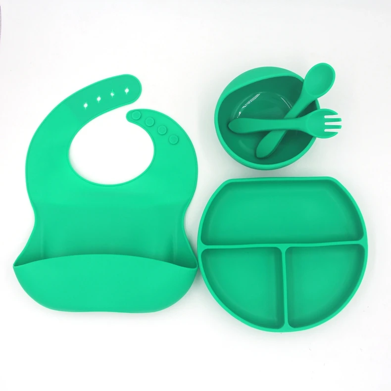 New Hot Sell custom silicone bibs spoon bowl Waterproof Baby Plate Chuck Sets Kids Dining Silicone Tableware For Children