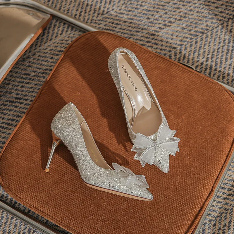 Dropshipping Custom Logo Silver Sequin High Heels Sexy Pumps for Women Height Increasing Ladies Wedding Heeled Shoes