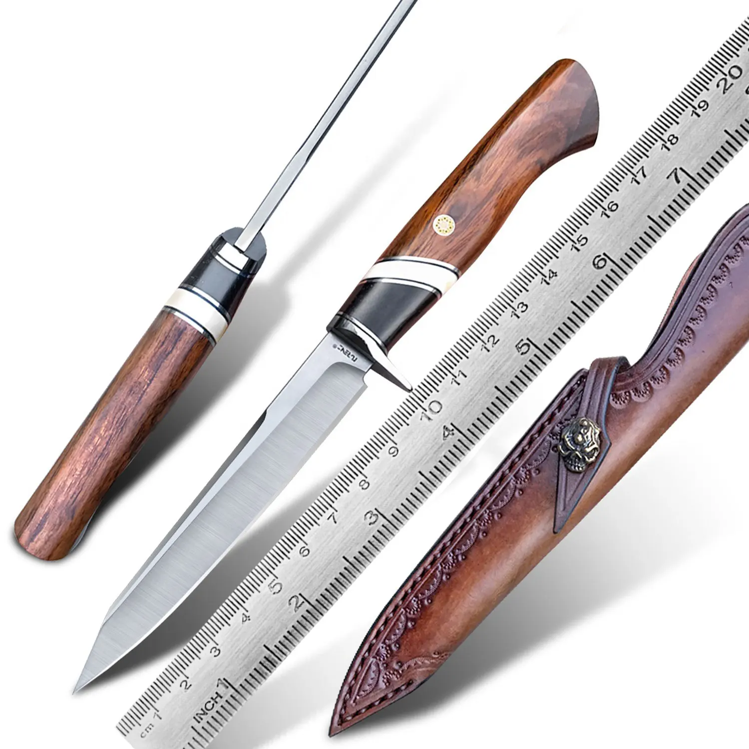 Ironwood Handle Leather Sheath Survival Outdoor Dive Bohler M390 Steel Fixed Blade Hunting Knife