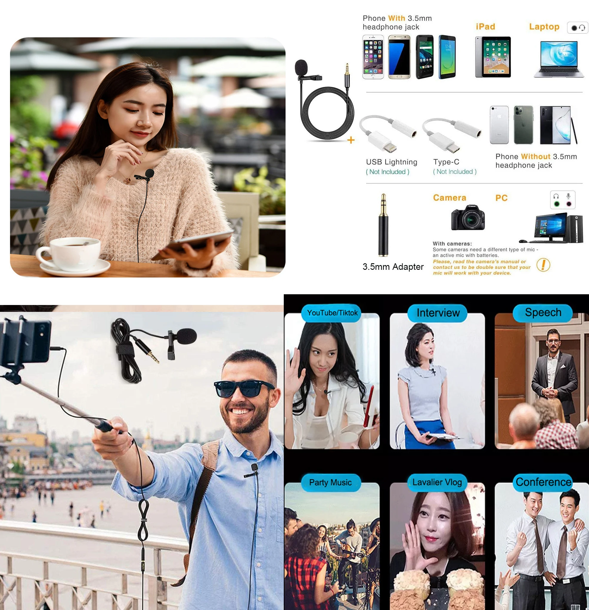 Lavalier Microphone Lighting Type C 3.5mm Jack Interface Mic Recording Lapel Collar Stylish Mini Throat Microphone