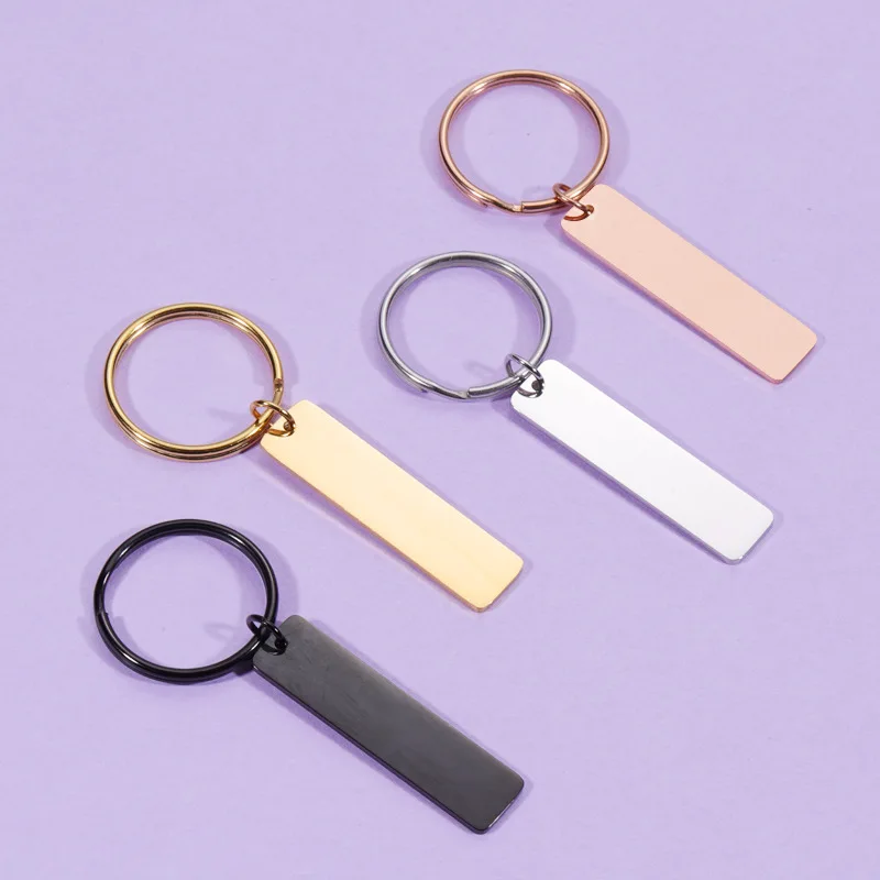 Wholesale Custom Name Logo Tags Keychain Key Rings Gifts Men Mirror Polished Stainless Steel Blank Rectangle Strip Bar Keychain