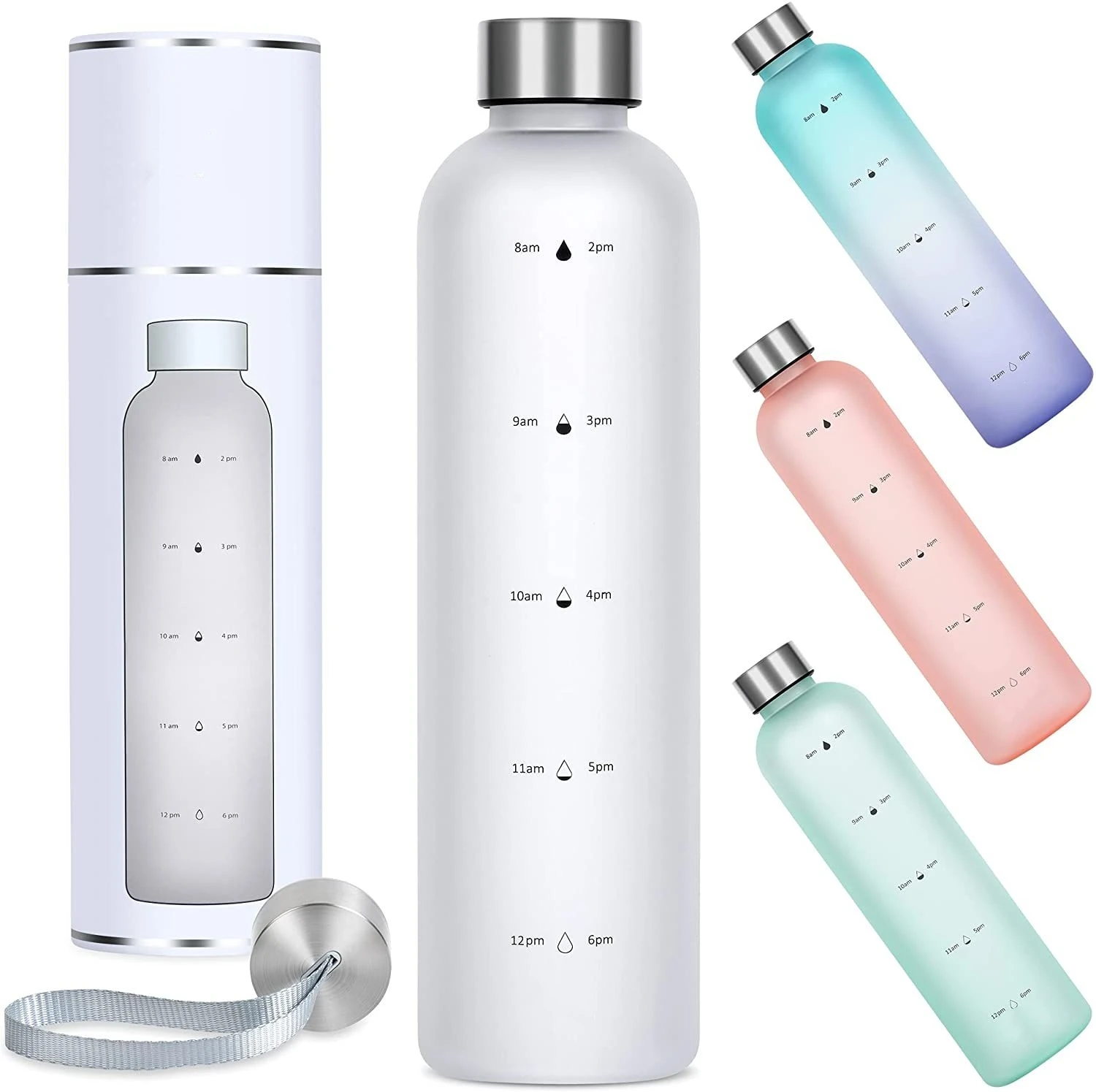 Multiple Gradient Color Motivational Time Marker Leak-Proof Tritan Sport Plastic Water Bottle BPA Free Frosted 1 L 32 Oz Bottle