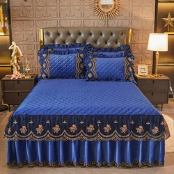 American Style Winter Thick Quilted Navy Blue Bed Skirts Sets