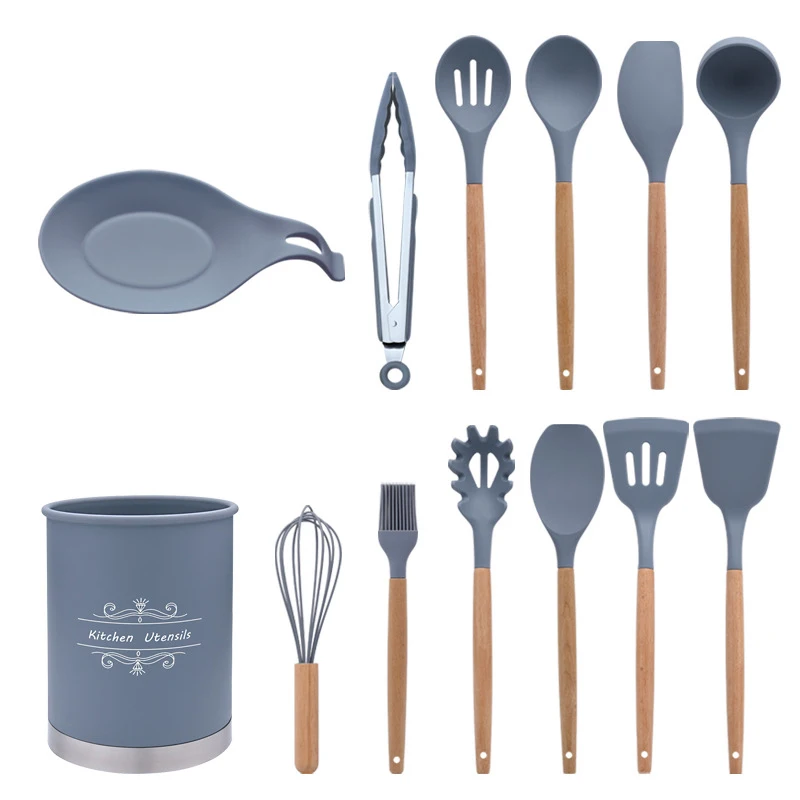 Silicone Kitchen Utensil Set Non-Stick Accessories Cooking tools 12 pcs set KITchenware With Beech wooden handle