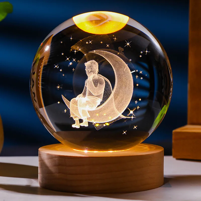 Astronomy Crystal Astronaut Planet Globe 3D Laser Engraved Solar System Crystal  Ball with Touch Switch LED Light Base