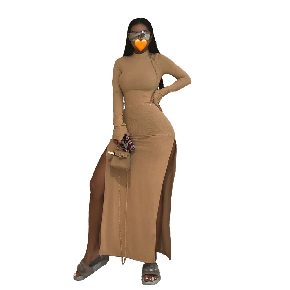 8259  Long Sleeve Evening Dress 2021 New Autumn Ribbed Split Vestidos Ladies Patty Bodycon Slim Outfits Casual Gray Clothing