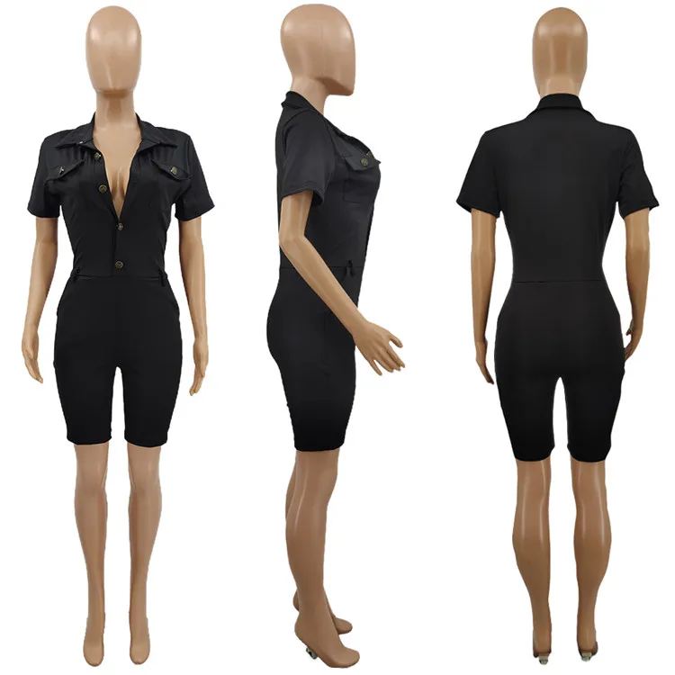Fashion Summer Ladies Short Sleeve Rompers Button One Piece Casual Women Plus Size Cargo Jumpsuits