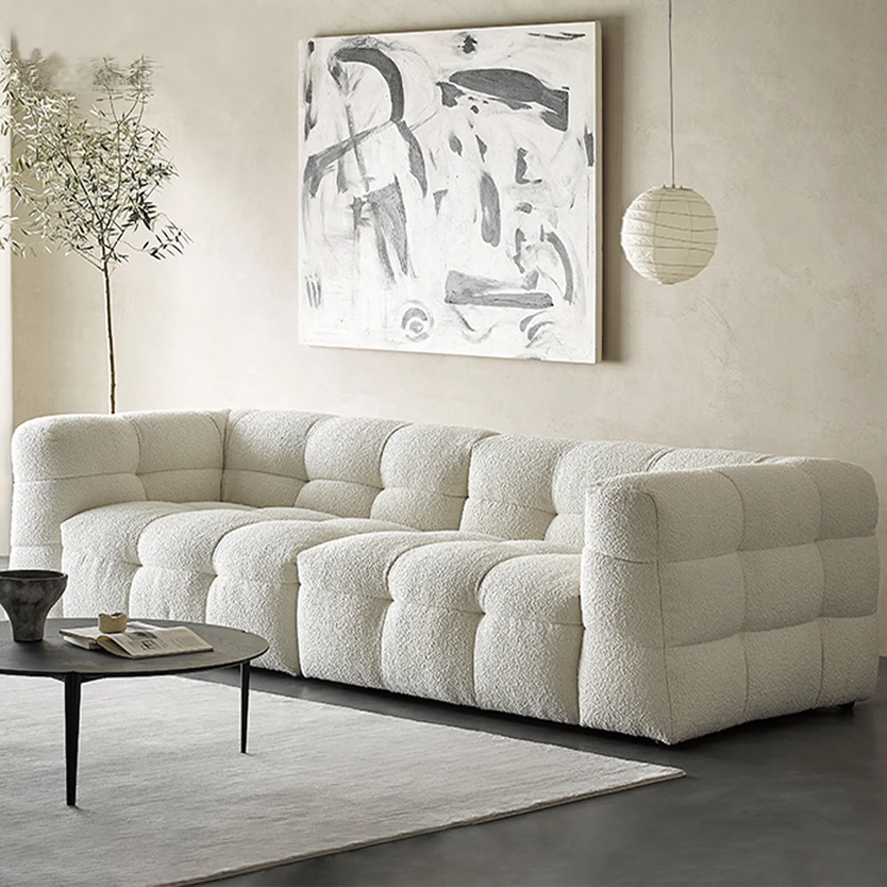 Elegant Italian Designer Home Furniture Soft Setting Sponge Teddy Velvet Fabric Upholstery Cream Chesterfield Sofa