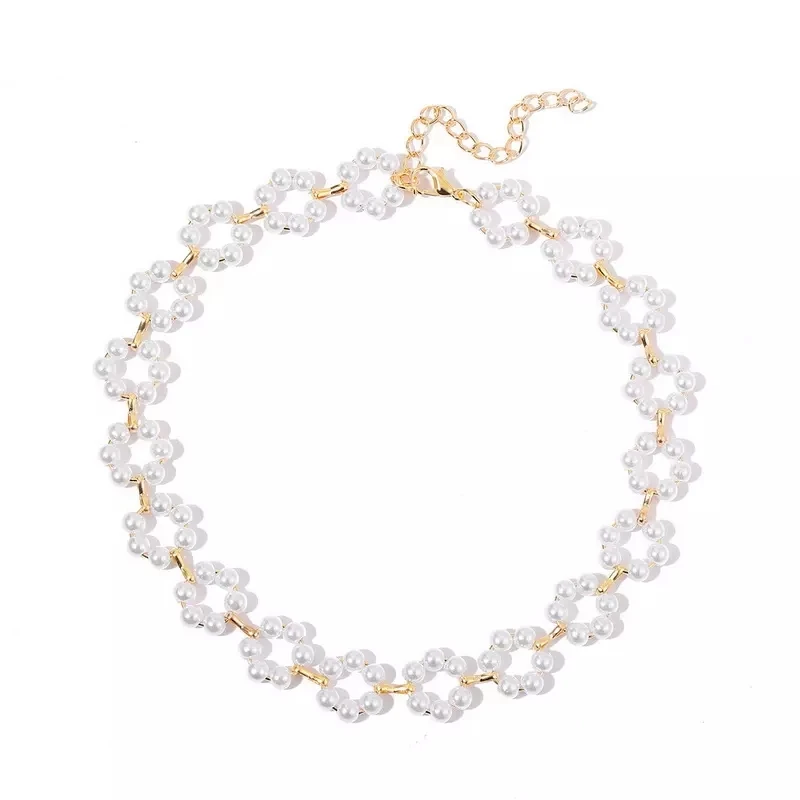 2022 Korean Bead Pearl Flower Link Clavicle Chain Choker Elegance White Imitation Short Necklace Lady Jewelry