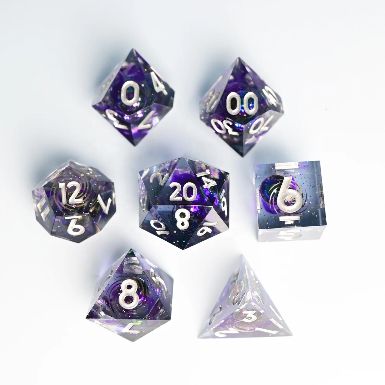 Swirl Polyhedral Space Glitter Purple Cosmic Planet Divination 7pcs Dice Set Transparent Glitter Resin Sharp Edge DND RPG Dice