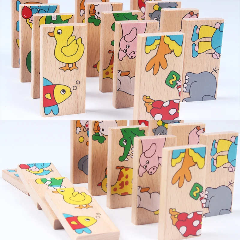 High quality Factory direct wooden animal dominos coloring eco-friendly wooden blocks educational games for kids