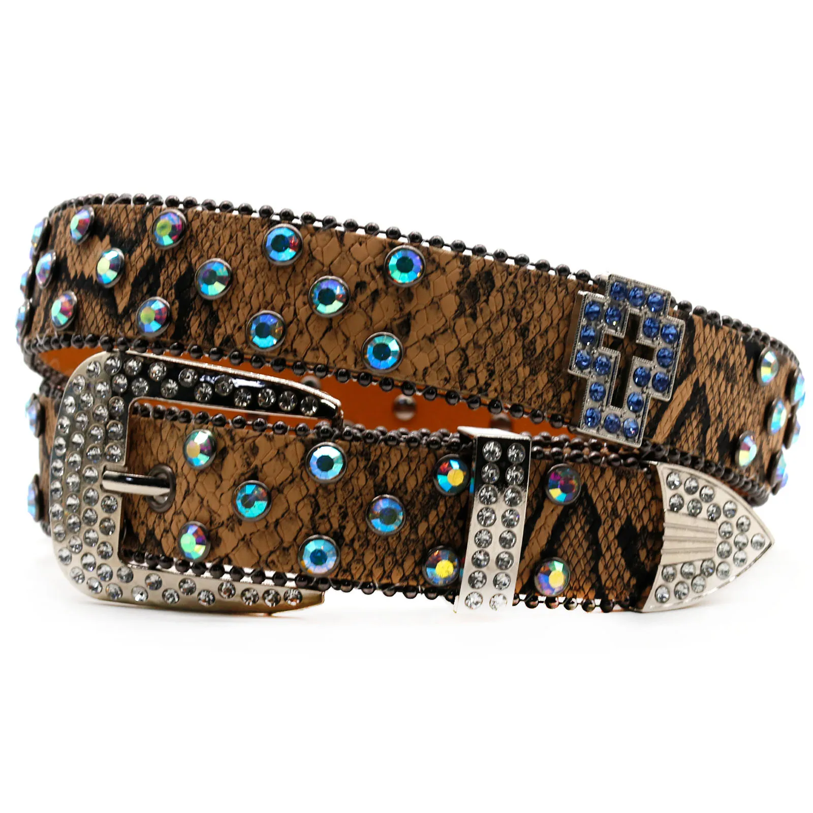 Western fashion snake PU belt blue sparkling rhinestone embedded Western Belt