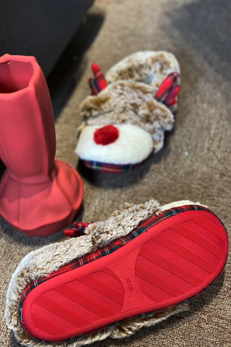 Lovely winter female cotton slippers plush home cartoon christmas elk shoes indoor outside anti-skid soft bottom slippers