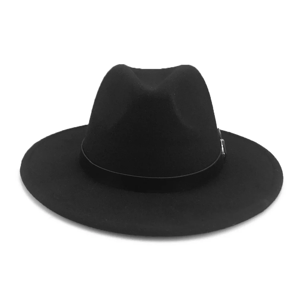 Fashion Solid Color Wide Brim Fedora Hats Belt Buckle Trilby Round Top Felt Fedoras for Vintage Ladies Kids