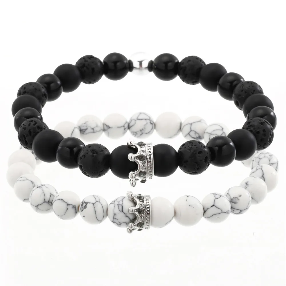 Hot selling crown diamond for men and women bracelet black frosted white turquoise couple set bracelet
