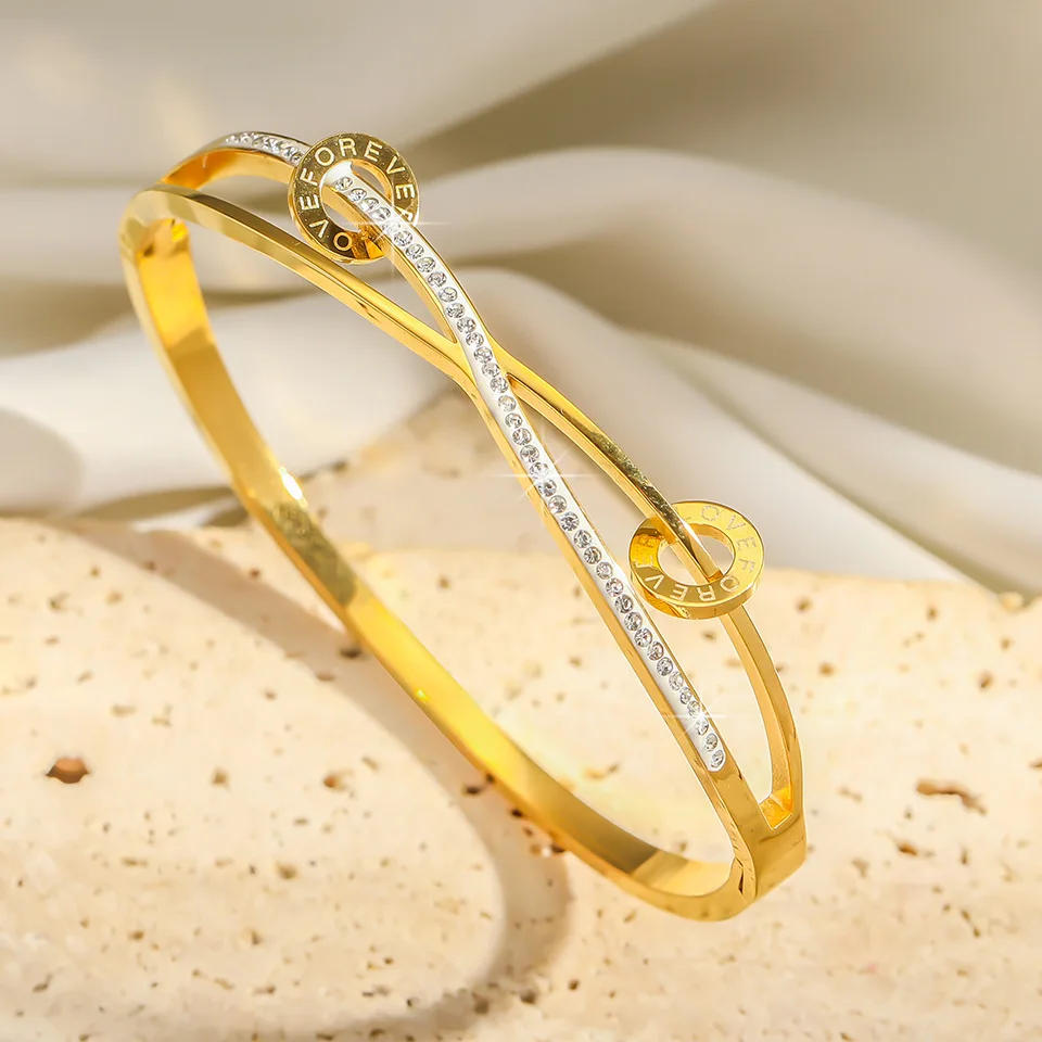 New Simple Cross Diamond Cuff Bracelet Bangle Gold Plated Hollow-out Round Letter Titanium Steel Bracelet