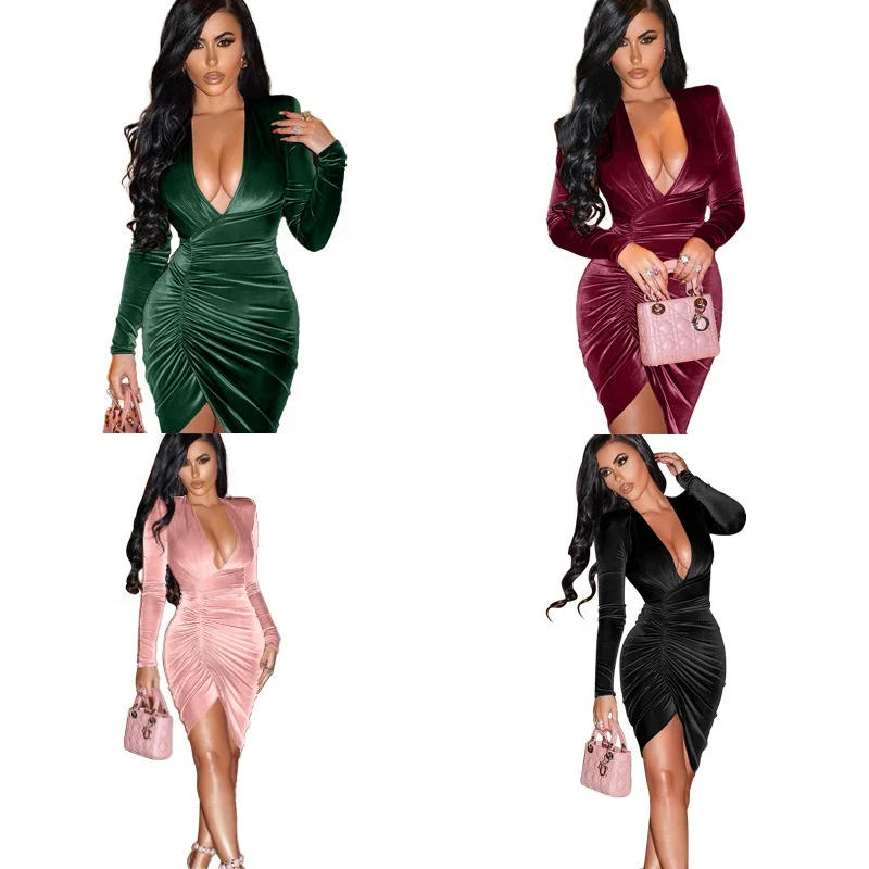 Deep V neck sexy party dress night club ruched long sleeve bodycon dress mini green velvet dress wholesale
