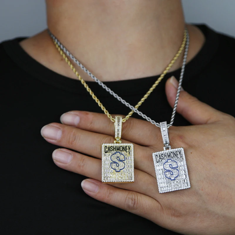 Hip Hop Jewelry Micro Pave 5A Geometric Rectangle CZ Cash Money Dollar Pendant With Rope Chain Necklace For Men Boy