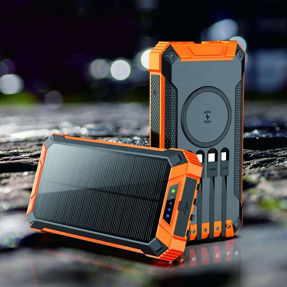 2022 New Best Waterproof Solar Power Bank 20000mah Built-in 4 Cables Qi Wireless Charger Travel Powerbank for All Phone