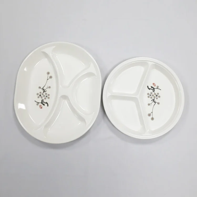 Chinese Flower Pattern Printed White Round 4 Divided Plates Melamine Partition Serving Plate