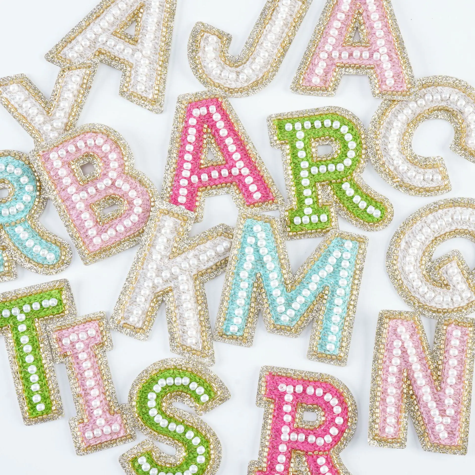 In Stock Garment Accessories Height 6.5cm Diy Iron On Glitter Pearl Letters Patches