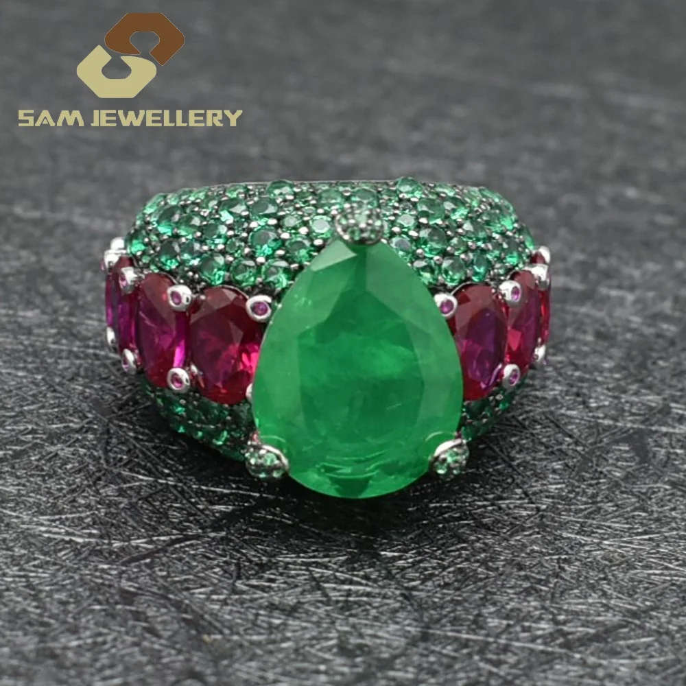 Luxury Ring Sterling 925 Silver Colombian Emerald Fusion Stone  Prong Setting Ruby Stone Attend the Evening Party Ring
