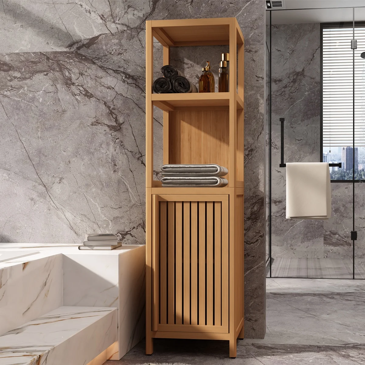 US only wholesale Storage Tall Slim Cabinet with Shutter Door and 2 Tier Shelves Freestanding for Room Bathroom Organizer Bamboo