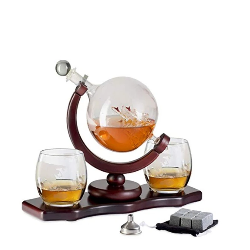 Custom Whiskey wine Decanter globe and glass Etched Globe whiskey decanter set with Wooden Base