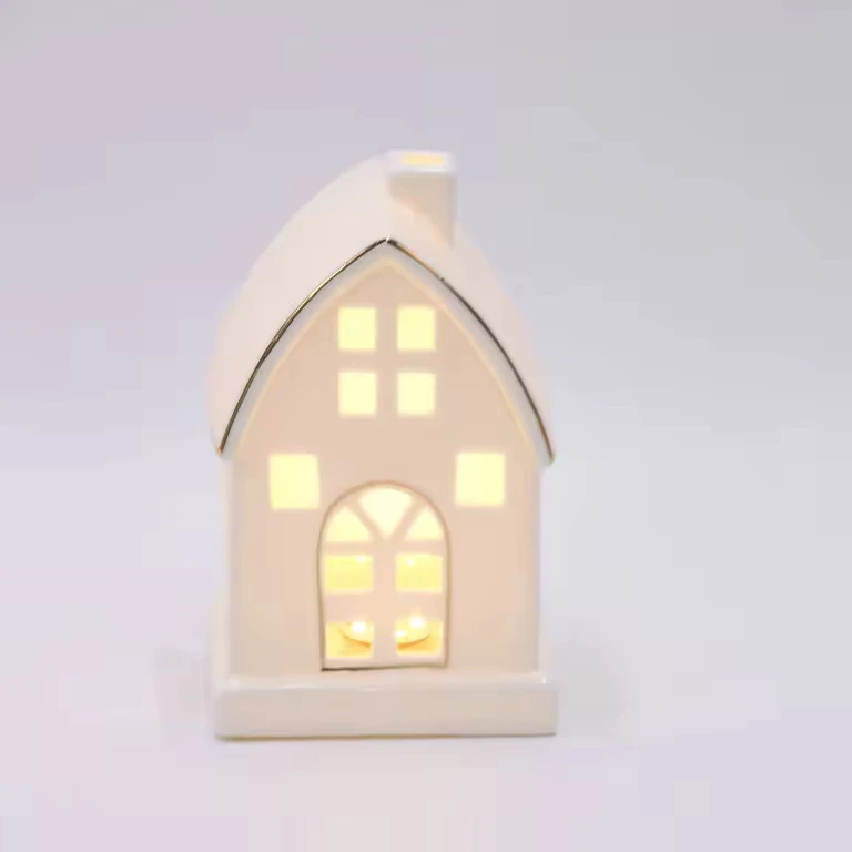 Home decor gold rim white Ceramic porcelain Christmas village house with LED lights