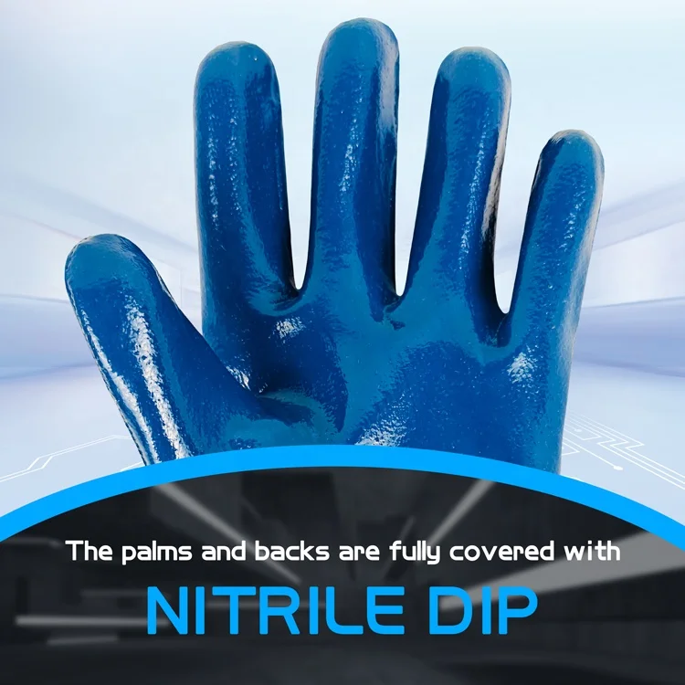 Canvas Wear-Resistant Waterproof And Oil-Proof Blue Nitrile Full Dipped Work Gloves