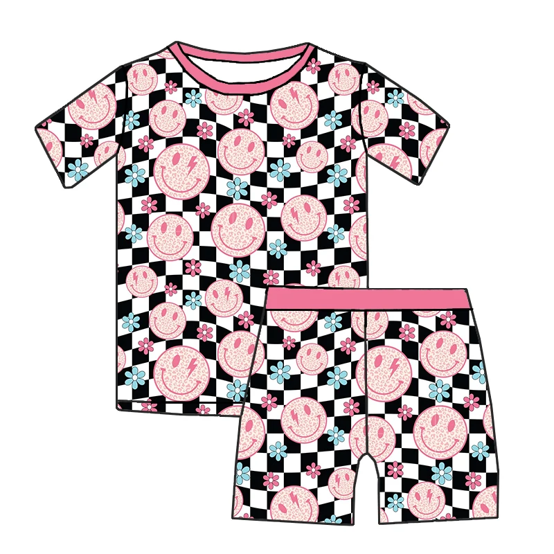 Hot selling Summer kids clothing Custom print soft bamboo fabric two pieces short pajamas sets