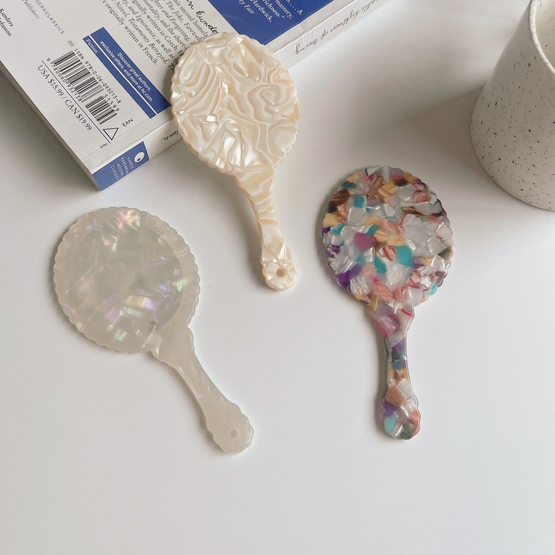 Custom Logo Round Acetate Pocket Hand Mirror Lovely Pink Marbling Color Acetate Cosmetic Handheld Mirror with Handle