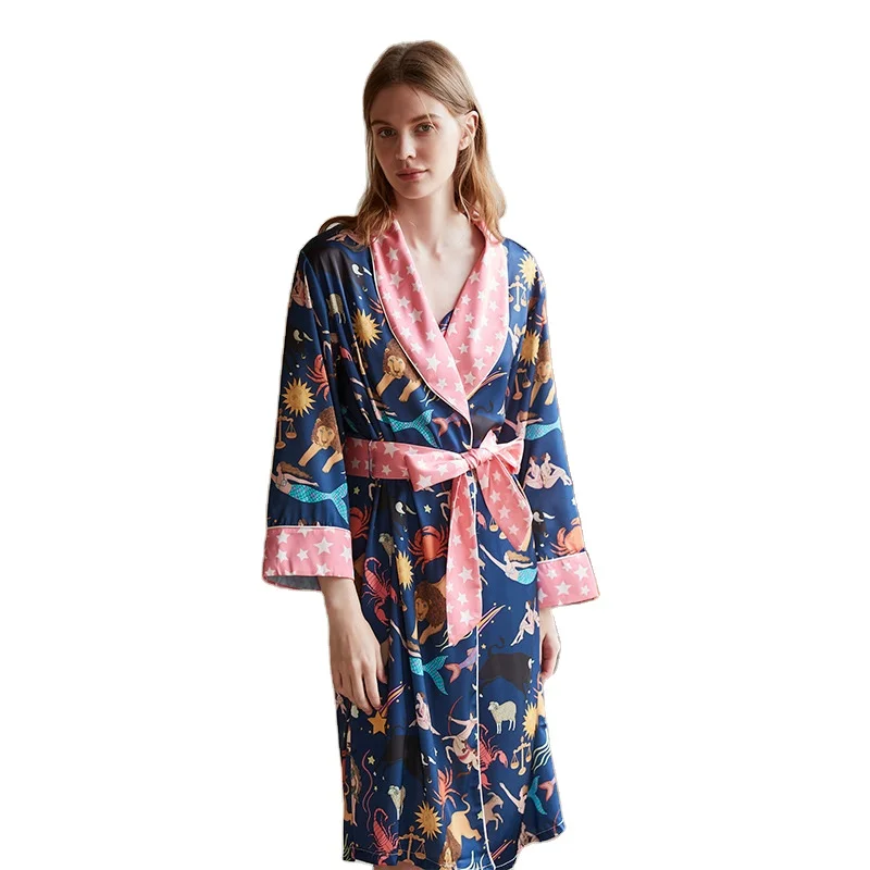 High Quality Sleepwear Women Sexy Nightdress Luxury Print Bride Night Wear Satin Silk Pajama Robe And Dress 2 Piece Set