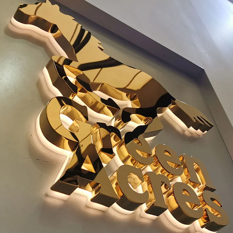 Titanium  gold mirror polished  stainless steel back light led sign  Company Building Logo Business Signage (1600545076063)