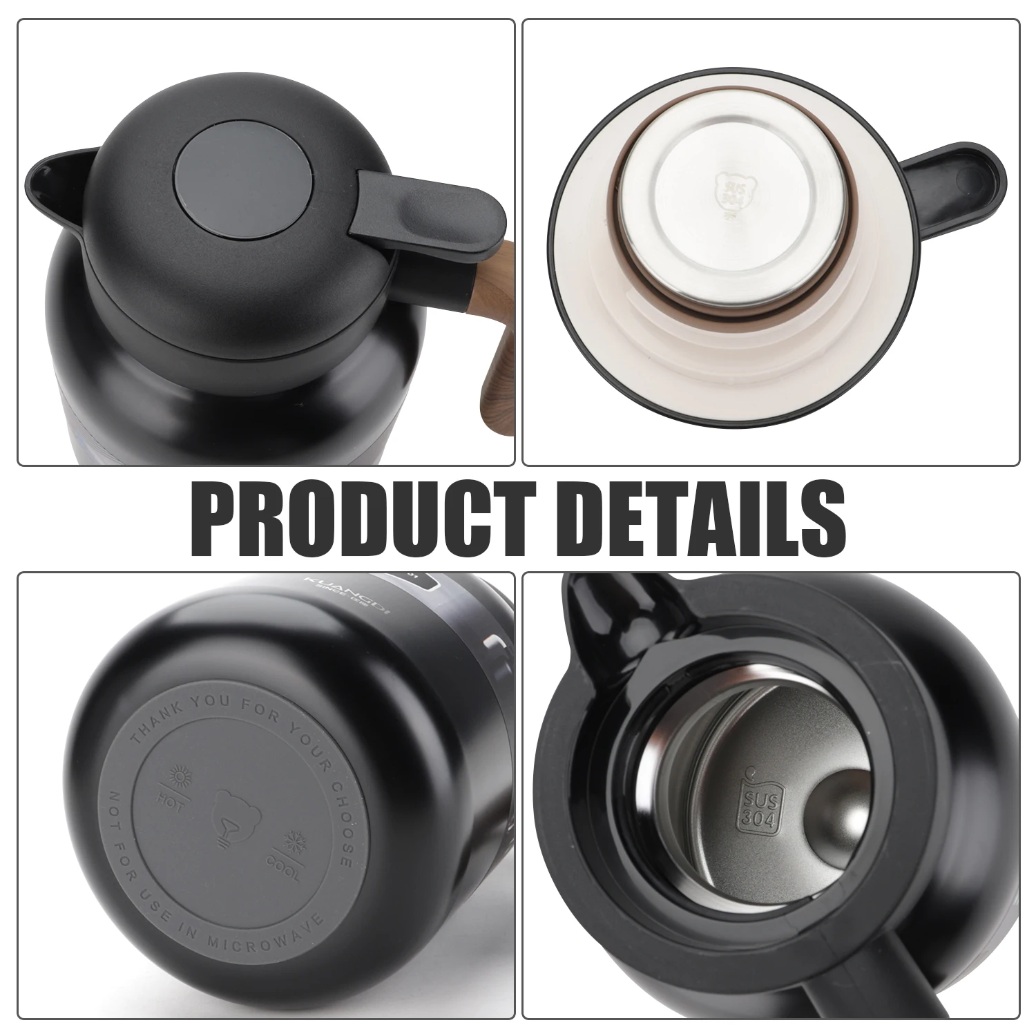 1300ml 2000ml Double Wall Stainless Steel Vacuum Insulated Coffee Carafe Thermos Hot Water Tea Pot with Wood Grain Handle