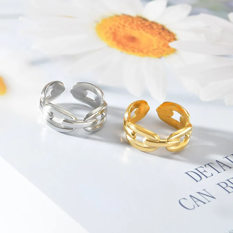 Fashion Retro Stainless Steel 14K Gold Plated O-shaped Cuban Chain Open Cuff Rings