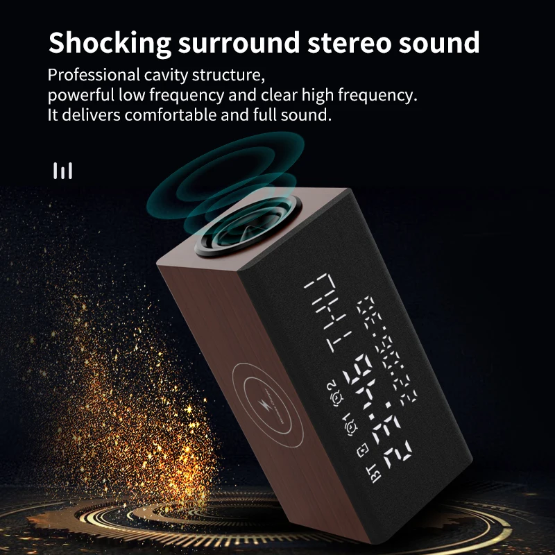 Custom Wooden 5.1 bt wireless charging charger lamp speaker Super bass Mini Portable Wireless Speaker with alarm clock