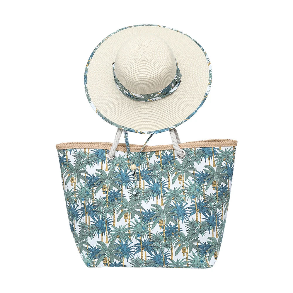 Custom Trendy Women Matching Design Printed Pattern Canvas Tote Bag Personalised Beach Girls Summer Beach Bag And Hat Set