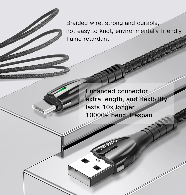 
Yesido Nylon Braided znic Alloy Plating Data Cable Line Wholesale Usb Charging Cable For Iphone 