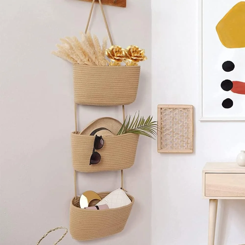 Boho hanging cotton Woven planter  vegetable fruit hanging flower pots recyclable basket on the wall