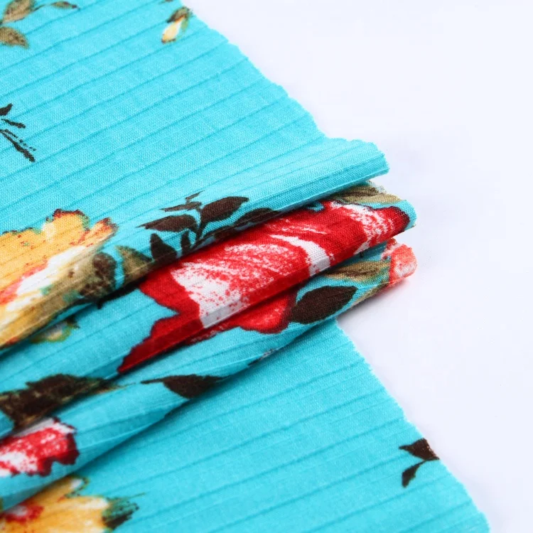 96% Polyester 4% spandex flower pattern rib knit custom printed rib stretch floral printed fabric for dress